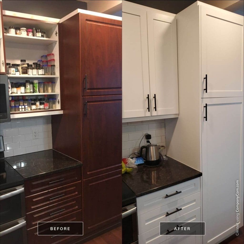 Before and after dark cherry stain to painted white cabinetry