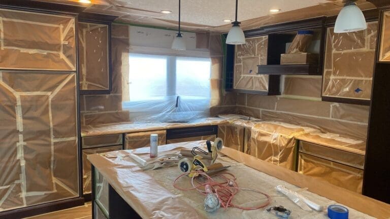 Brown Cabinets White Paint prep 11