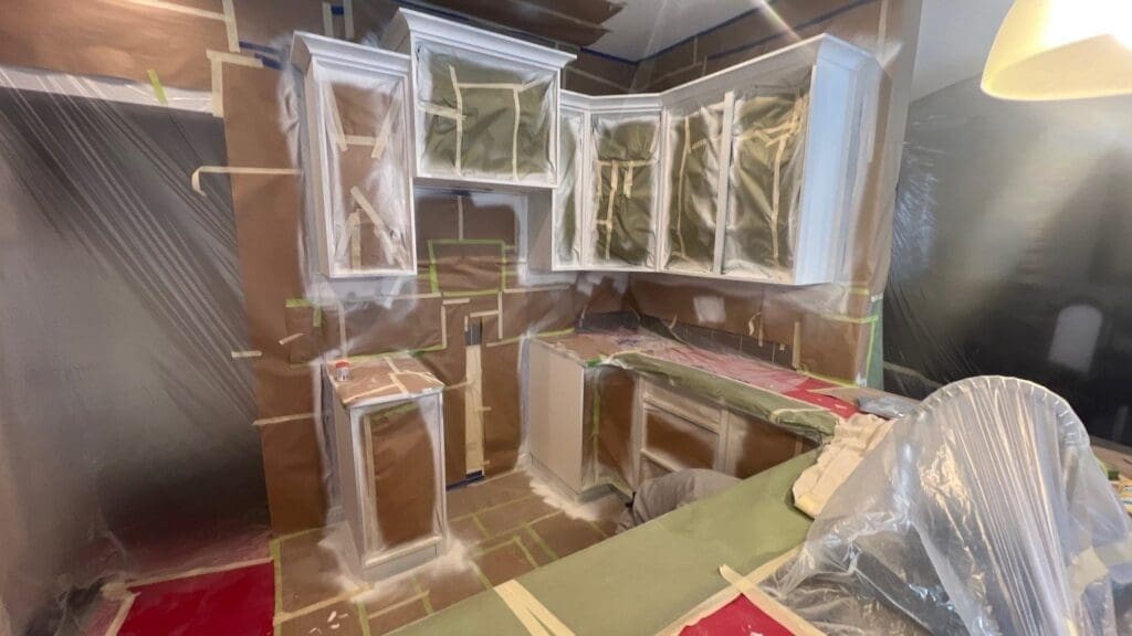 Dark Cabinets Repainted Off White prep 4